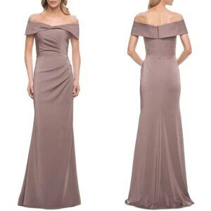 NWT La Femme 30397 Off Shoulder Twist Neckline Gown in Cocoa Sz. 12